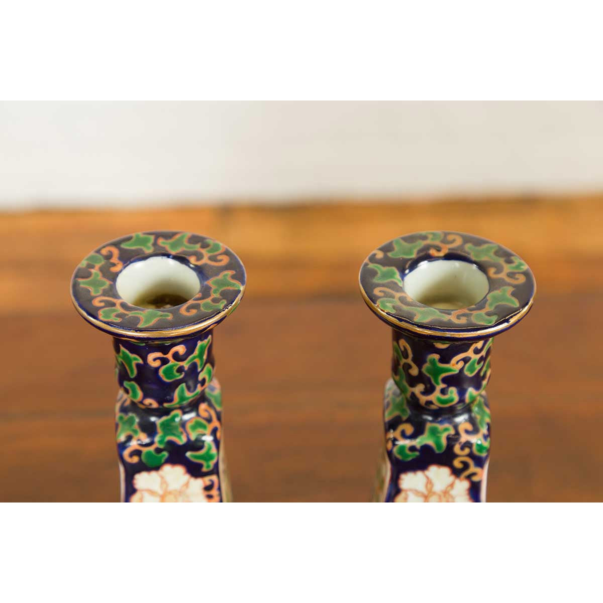 Pair of Chinese Hand Painted Candlesticks with Cobalt Blue Ground and Cartouches-11. Asian &amp; Chinese Furniture, Art, Antiques, Vintage Home Décor for sale at FEA Home