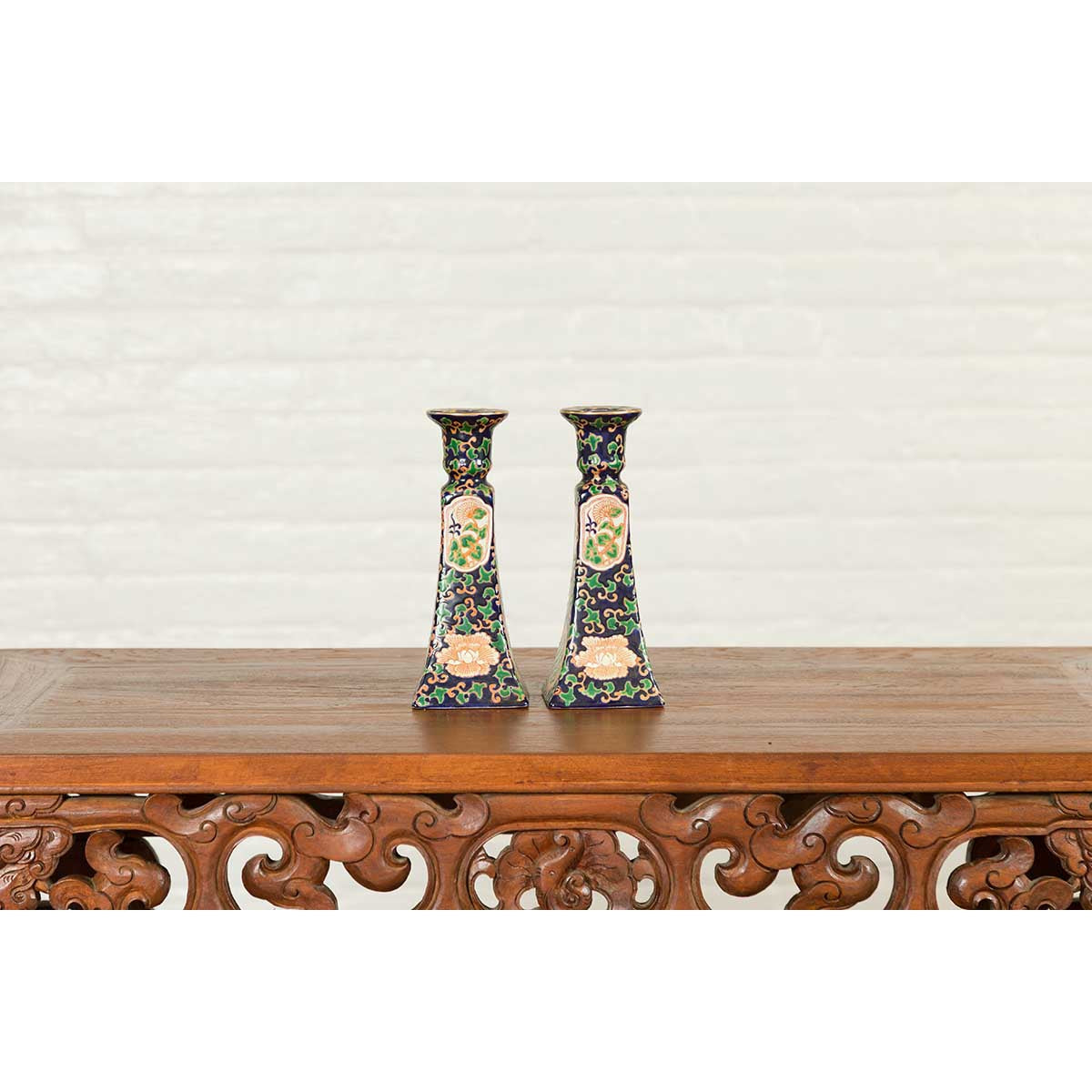 Pair of Chinese Hand Painted Candlesticks with Cobalt Blue Ground and Cartouches-5. Asian &amp; Chinese Furniture, Art, Antiques, Vintage Home Décor for sale at FEA Home