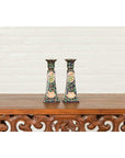 Pair of Chinese Hand Painted Candlesticks with Cobalt Blue Ground and Cartouches-5. Asian & Chinese Furniture, Art, Antiques, Vintage Home Décor for sale at FEA Home