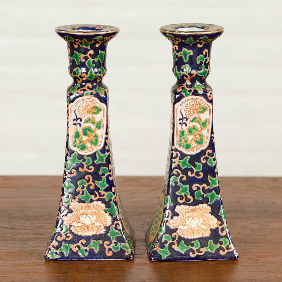 Pair of Chinese Hand Painted Candlesticks with Cobalt Blue Ground and Cartouches-2. Asian & Chinese Furniture, Art, Antiques, Vintage Home Décor for sale at FEA Home