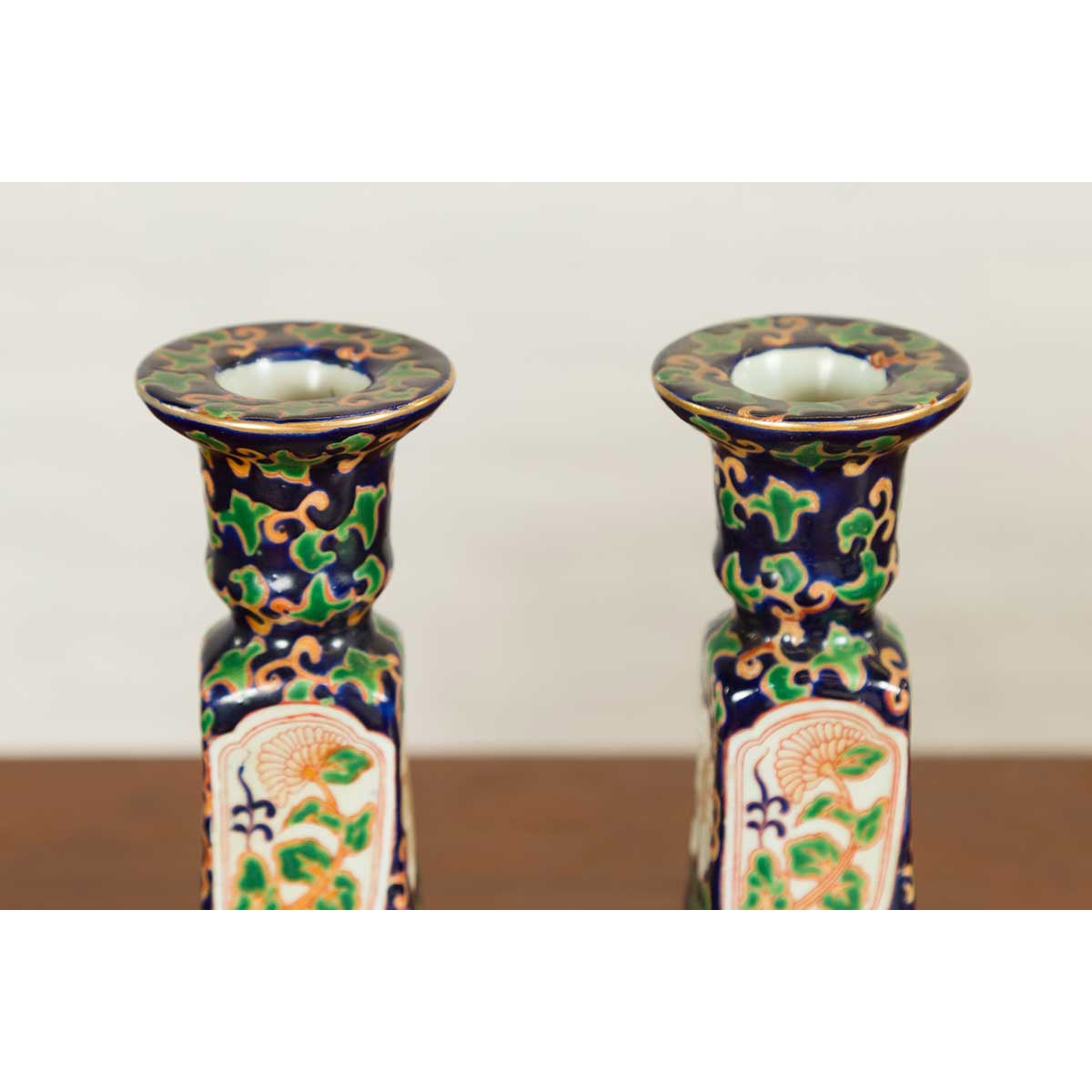 Pair of Chinese Hand Painted Candlesticks with Cobalt Blue Ground and Cartouches-6. Asian &amp; Chinese Furniture, Art, Antiques, Vintage Home Décor for sale at FEA Home