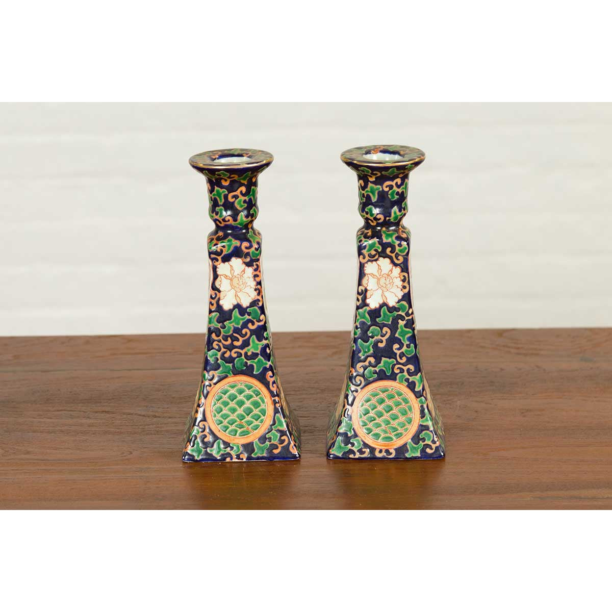 Pair of Chinese Hand Painted Candlesticks with Cobalt Blue Ground and Cartouches-8. Asian &amp; Chinese Furniture, Art, Antiques, Vintage Home Décor for sale at FEA Home