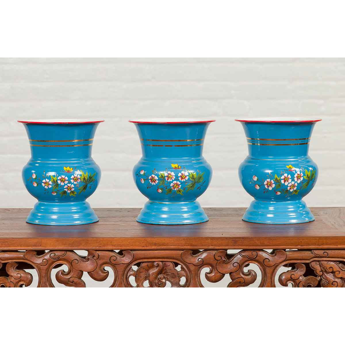 Blue Vases with Painted Floral and Butterfly Decor and Metal from Czechoslovakia-11. Asian &amp; Chinese Furniture, Art, Antiques, Vintage Home Décor for sale at FEA Home