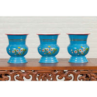 Blue Vases with Painted Floral and Butterfly Decor and Metal from Czechoslovakia