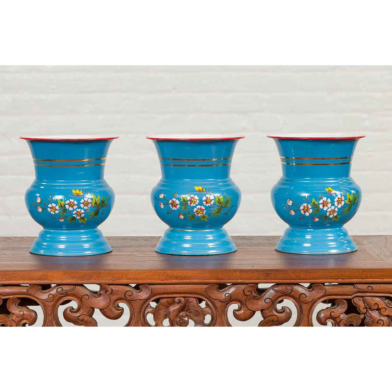 Blue Vases with Painted Floral and Butterfly Decor and Metal from Czechoslovakia-YN6821-11. Asian & Chinese Furniture, Art, Antiques, Vintage Home Décor for sale at FEA Home