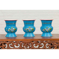 Blue Vases with Painted Floral and Butterfly Decor and Metal from Czechoslovakia