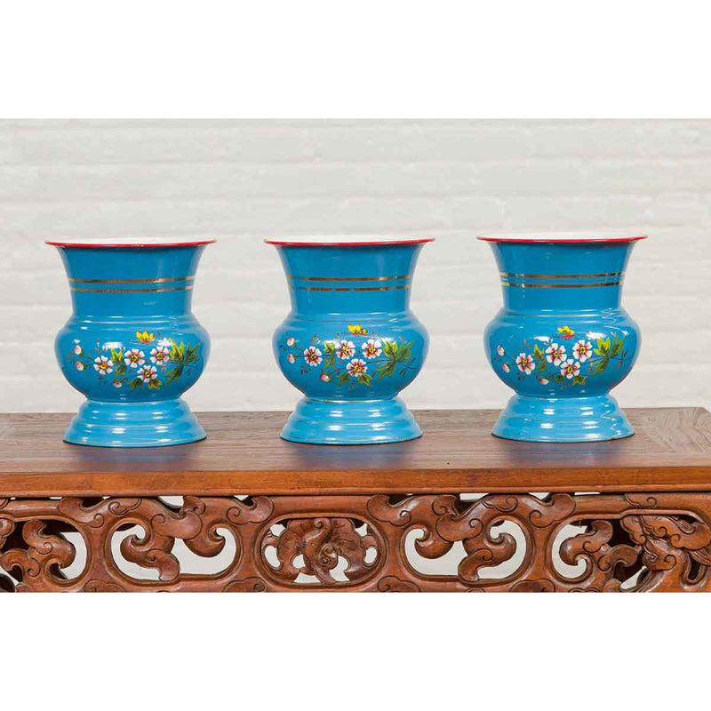 Blue Vases with Painted Floral and Butterfly Decor and Metal from Czechoslovakia-YN6821-13. Asian & Chinese Furniture, Art, Antiques, Vintage Home Décor for sale at FEA Home