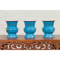 Blue Vases with Painted Floral and Butterfly Decor and Metal from Czechoslovakia