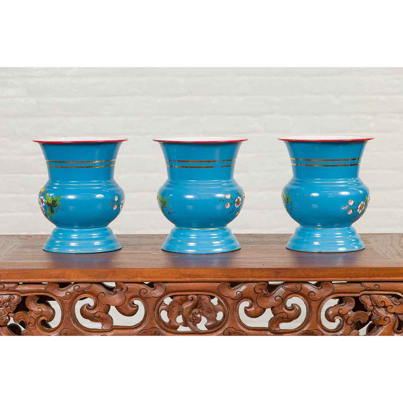 Blue Vases with Painted Floral and Butterfly Decor and Metal from Czechoslovakia-YN6821-14. Asian & Chinese Furniture, Art, Antiques, Vintage Home Décor for sale at FEA Home