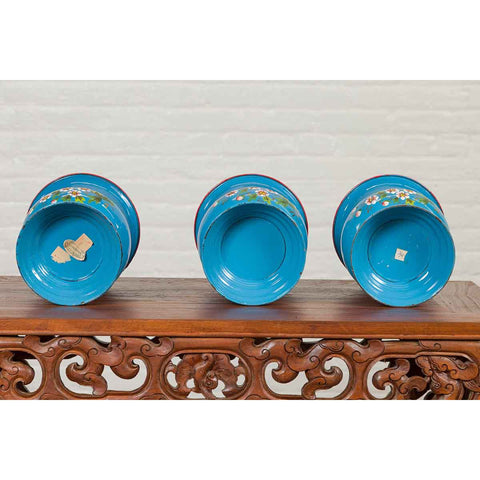 Blue Vases with Painted Floral and Butterfly Decor and Metal from Czechoslovakia-YN6821-15. Asian & Chinese Furniture, Art, Antiques, Vintage Home Décor for sale at FEA Home