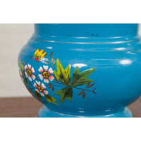 Blue Vases with Painted Floral and Butterfly Decor and Metal from Czechoslovakia