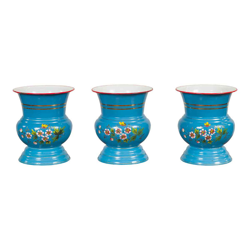 Blue Vases with Painted Floral and Butterfly Decor and Metal from Czechoslovakia-YN6821-1. Asian & Chinese Furniture, Art, Antiques, Vintage Home Décor for sale at FEA Home