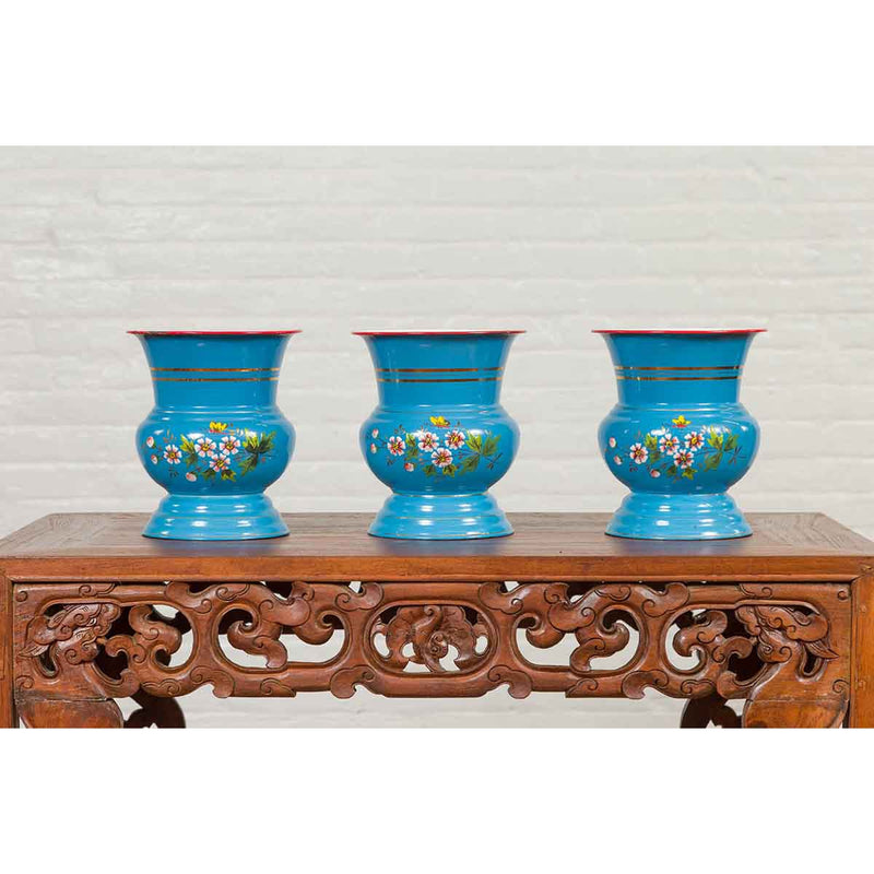 Blue Vases with Painted Floral and Butterfly Decor and Metal from Czechoslovakia-YN6821-4. Asian & Chinese Furniture, Art, Antiques, Vintage Home Décor for sale at FEA Home