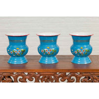 Blue Vases with Painted Floral and Butterfly Decor and Metal from Czechoslovakia