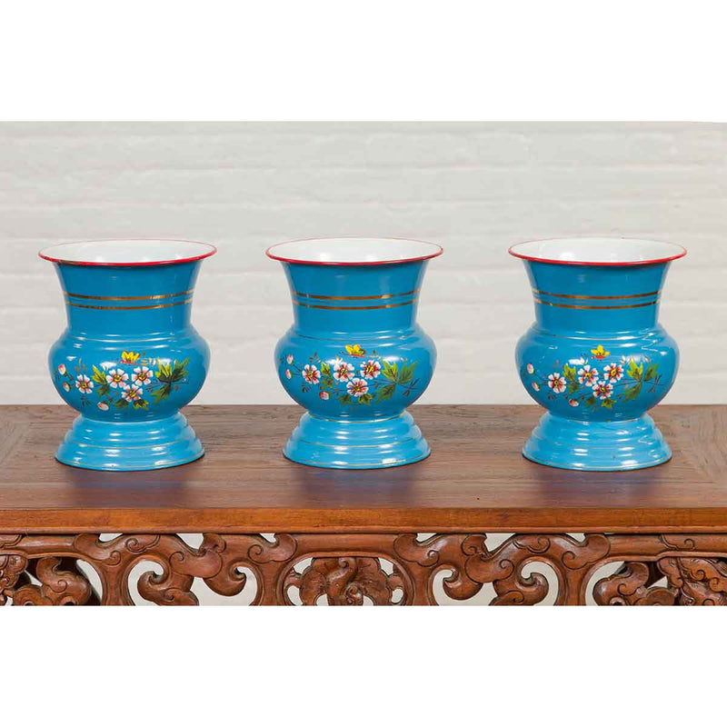 Blue Vases with Painted Floral and Butterfly Decor and Metal from Czechoslovakia-YN6821-2. Asian & Chinese Furniture, Art, Antiques, Vintage Home Décor for sale at FEA Home