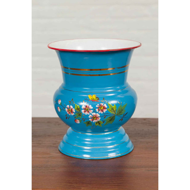 Blue Vases with Painted Floral and Butterfly Decor and Metal from Czechoslovakia-YN6821-6. Asian & Chinese Furniture, Art, Antiques, Vintage Home Décor for sale at FEA Home