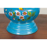 Blue Vases with Painted Floral and Butterfly Decor and Metal from Czechoslovakia