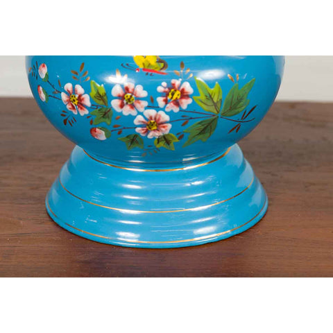 Blue Vases with Painted Floral and Butterfly Decor and Metal from Czechoslovakia-YN6821-9. Asian & Chinese Furniture, Art, Antiques, Vintage Home Décor for sale at FEA Home