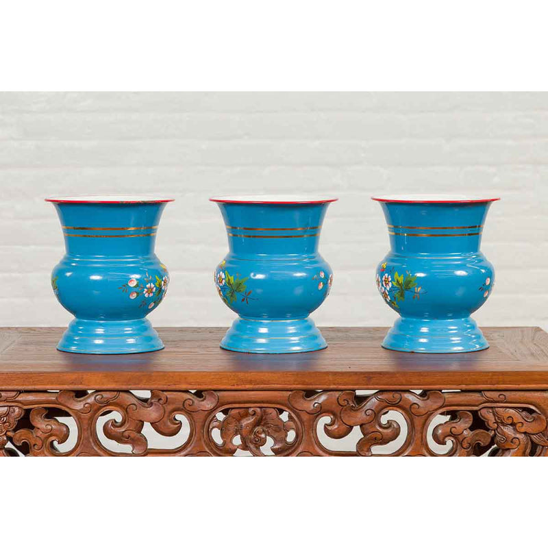 Blue Vases with Painted Floral and Butterfly Decor and Metal from Czechoslovakia-YN6821-10. Asian & Chinese Furniture, Art, Antiques, Vintage Home Décor for sale at FEA Home