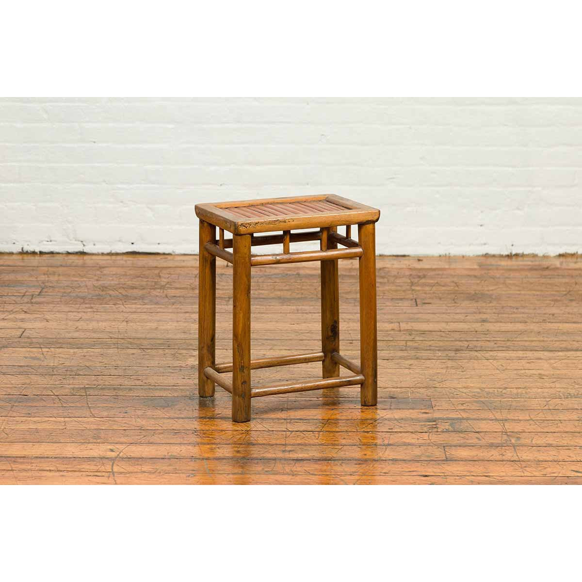 Antique Chinese Rustic Side Table with Bamboo Inset and Pillar-Shaped Struts-YN6825-5. Asian & Chinese Furniture, Art, Antiques, Vintage Home Décor for sale at FEA Home