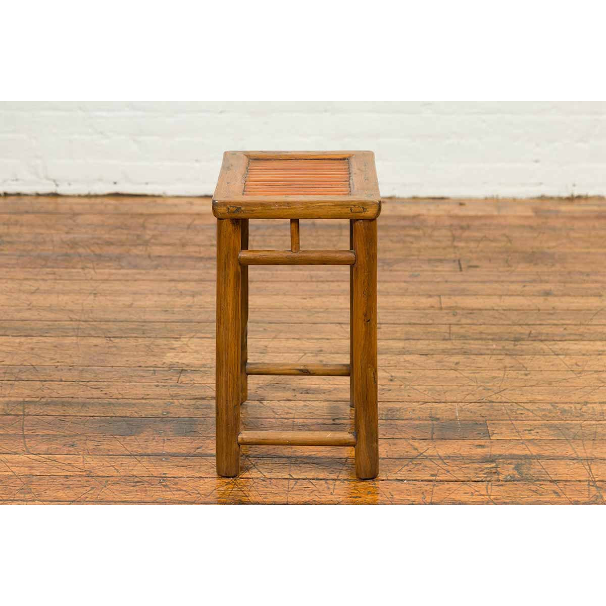 Antique Chinese Rustic Side Table with Bamboo Inset and Pillar-Shaped Struts-YN6825-6. Asian & Chinese Furniture, Art, Antiques, Vintage Home Décor for sale at FEA Home