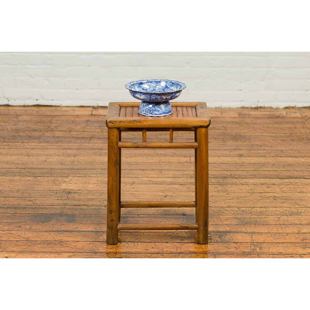 Antique Chinese Rustic Side Table with Bamboo Inset and Pillar-Shaped Struts-YN6825-3. Asian & Chinese Furniture, Art, Antiques, Vintage Home Décor for sale at FEA Home