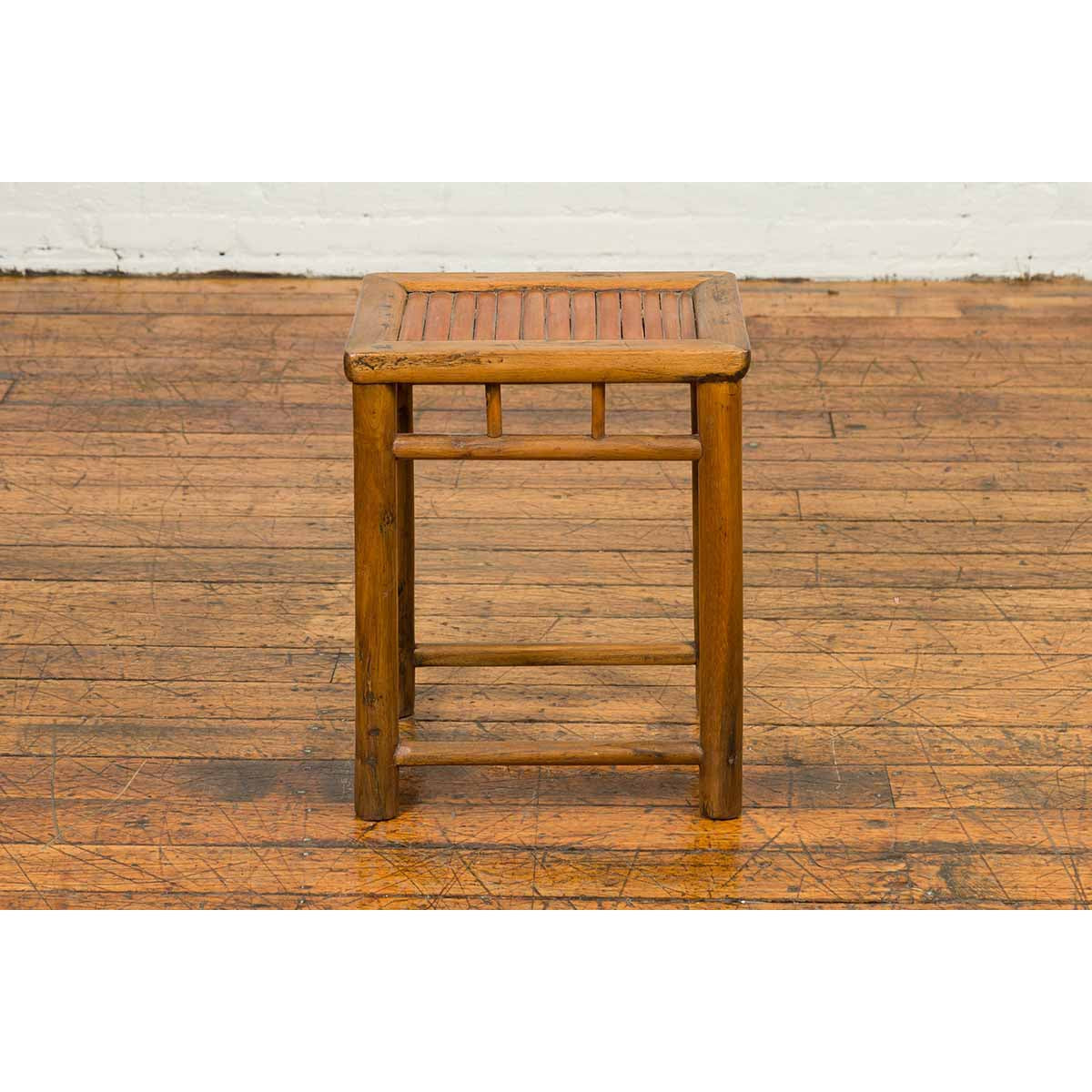 Antique Chinese Rustic Side Table with Bamboo Inset and Pillar-Shaped Struts-YN6825-7. Asian & Chinese Furniture, Art, Antiques, Vintage Home Décor for sale at FEA Home