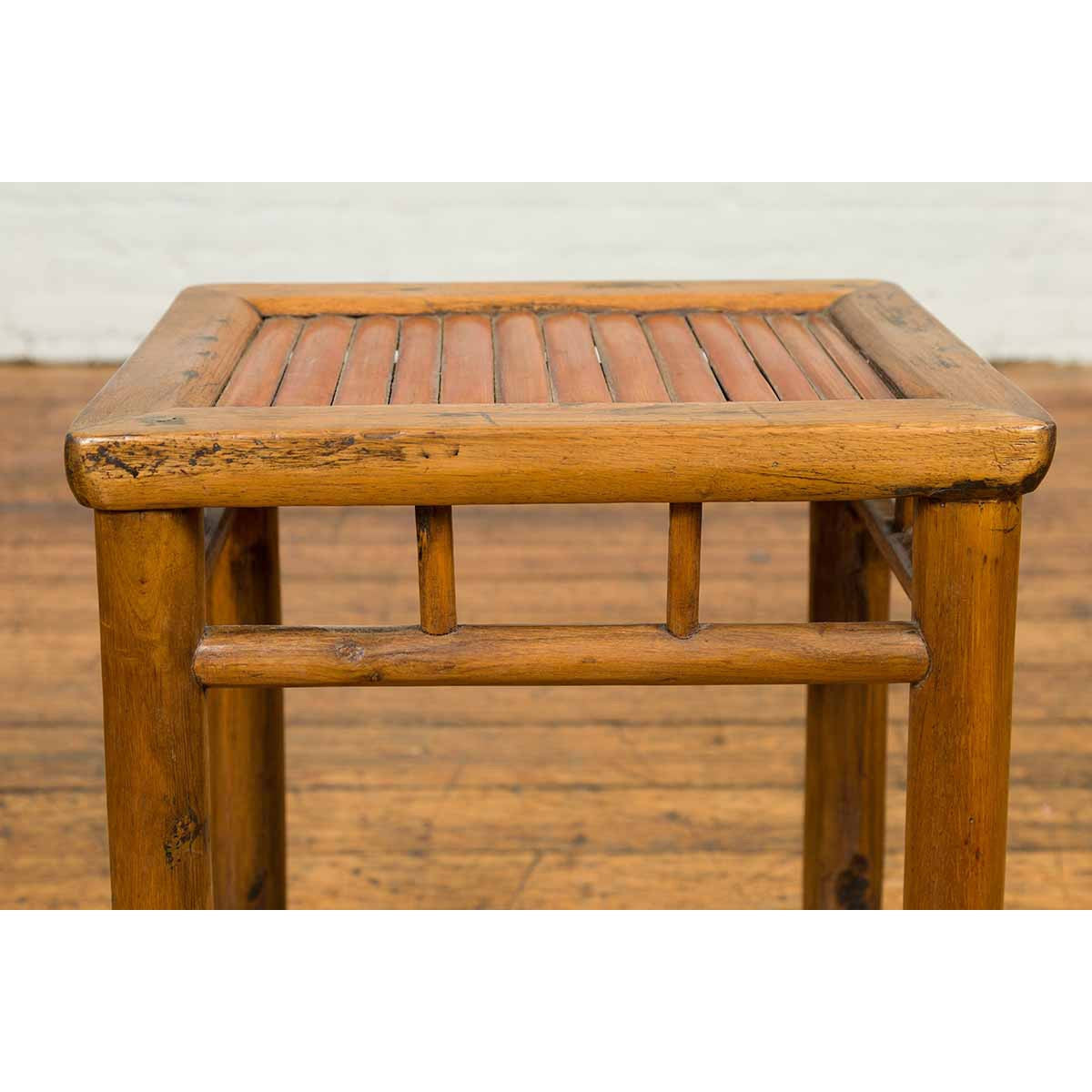 Antique Chinese Rustic Side Table with Bamboo Inset and Pillar-Shaped Struts-YN6825-9. Asian & Chinese Furniture, Art, Antiques, Vintage Home Décor for sale at FEA Home