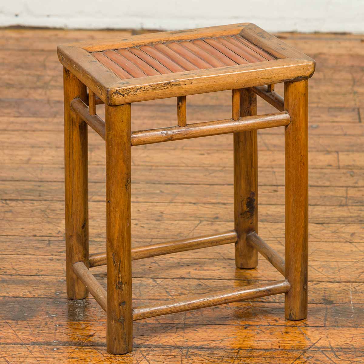 Antique Chinese Rustic Side Table with Bamboo Inset and Pillar-Shaped Struts-YN6825-2. Asian & Chinese Furniture, Art, Antiques, Vintage Home Décor for sale at FEA Home