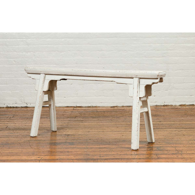 Chinese Contemporary White Painted Wooden Ming Style Bench with A-Form Base-YN6828-12. Asian & Chinese Furniture, Art, Antiques, Vintage Home Décor for sale at FEA Home