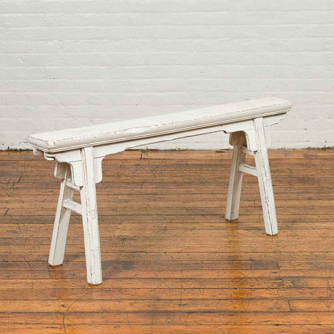 Chinese Contemporary White Painted Wooden Ming Style Bench with A-Form Base-YN6828-7. Asian & Chinese Furniture, Art, Antiques, Vintage Home Décor for sale at FEA Home