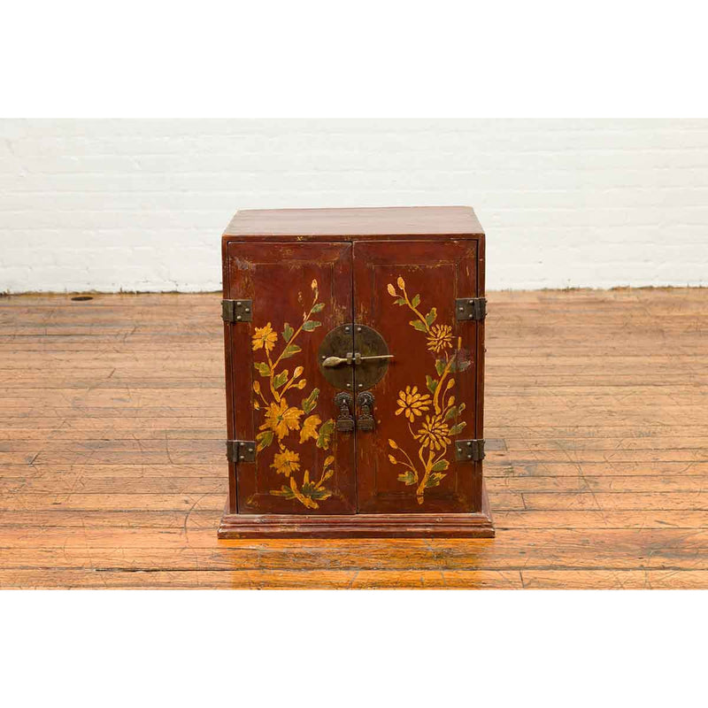 Chinese Qing Dynasty 19th Century Side Cabinet with Painted Floral Decor-YN6829-12. Asian & Chinese Furniture, Art, Antiques, Vintage Home Décor for sale at FEA Home