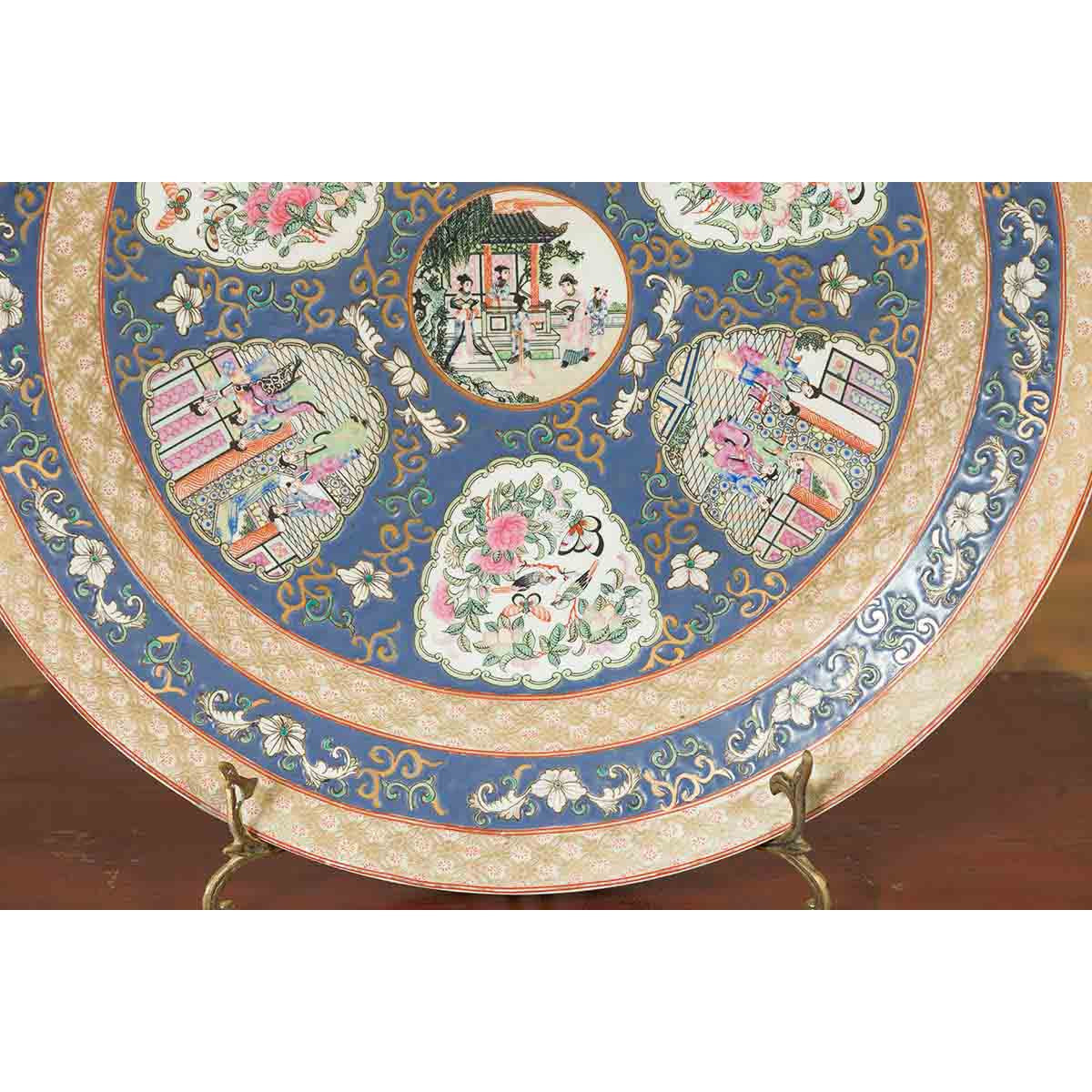 Large Chinese Rose Medallion Hand Painted Porcelain Platter with Court Scenes-7. Asian &amp; Chinese Furniture, Art, Antiques, Vintage Home Décor for sale at FEA Home