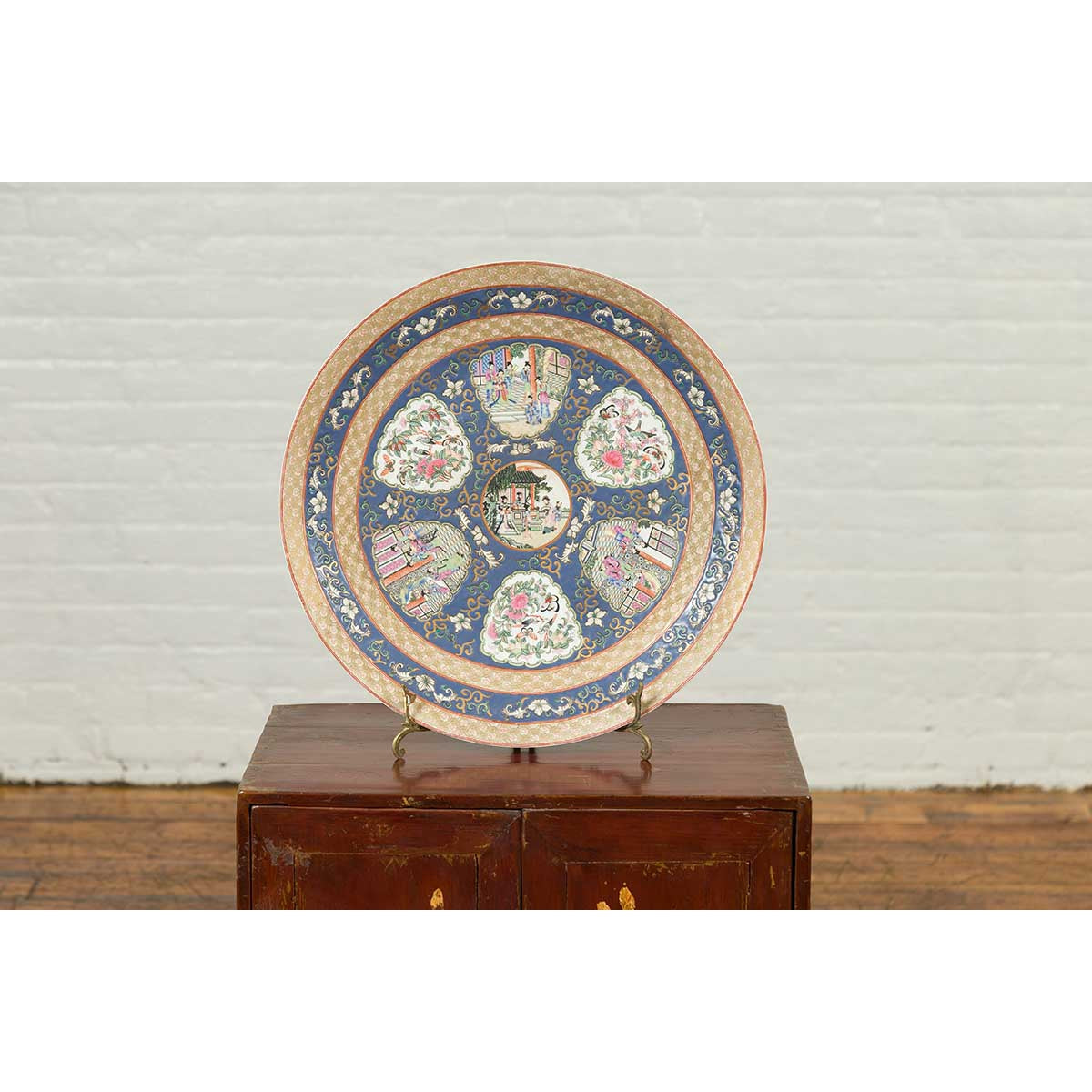 Large Chinese Rose Medallion Hand Painted Porcelain Platter with Court Scenes-3. Asian &amp; Chinese Furniture, Art, Antiques, Vintage Home Décor for sale at FEA Home