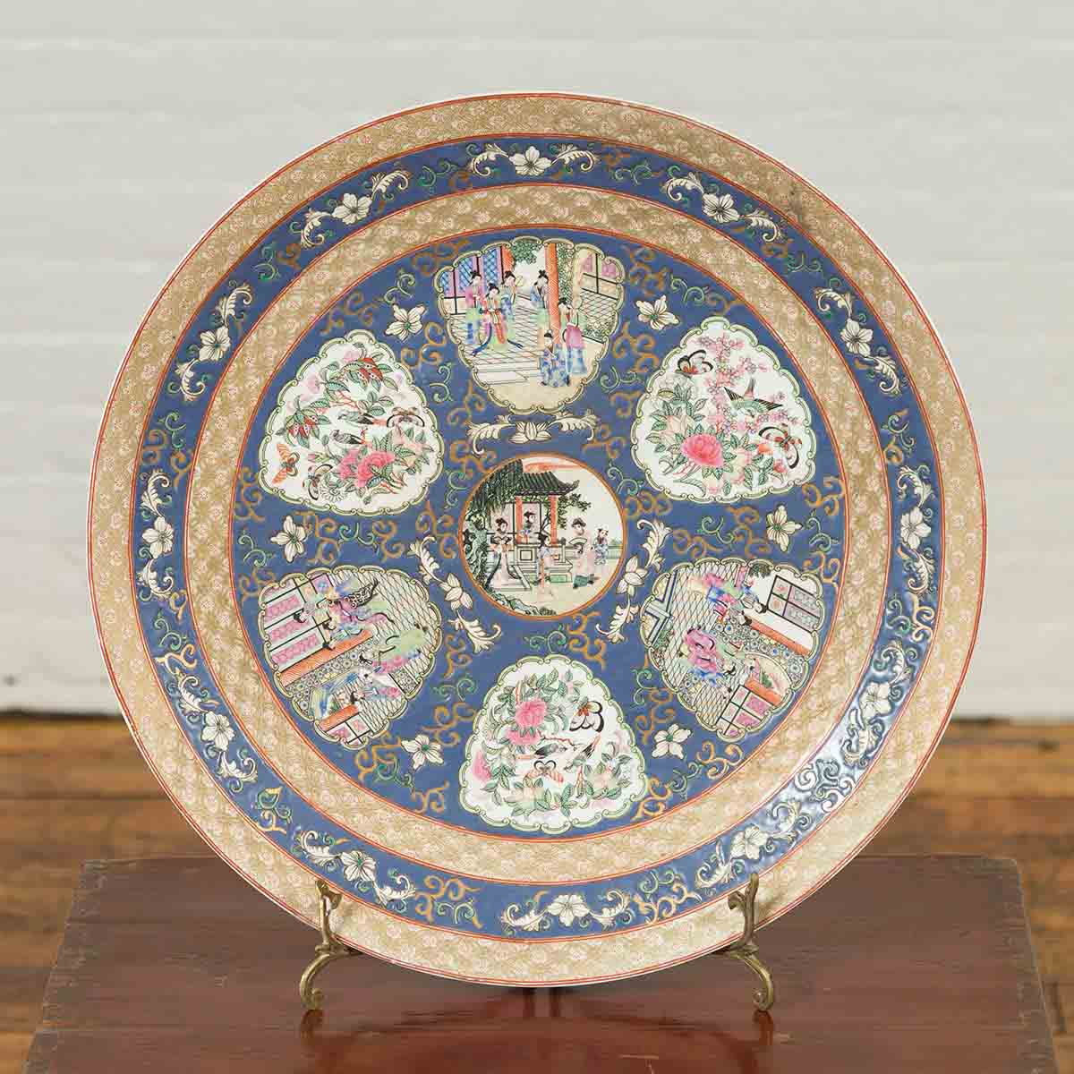 Large Chinese Rose Medallion Hand Painted Porcelain Platter with Court Scenes-2. Asian & Chinese Furniture, Art, Antiques, Vintage Home Décor for sale at FEA Home