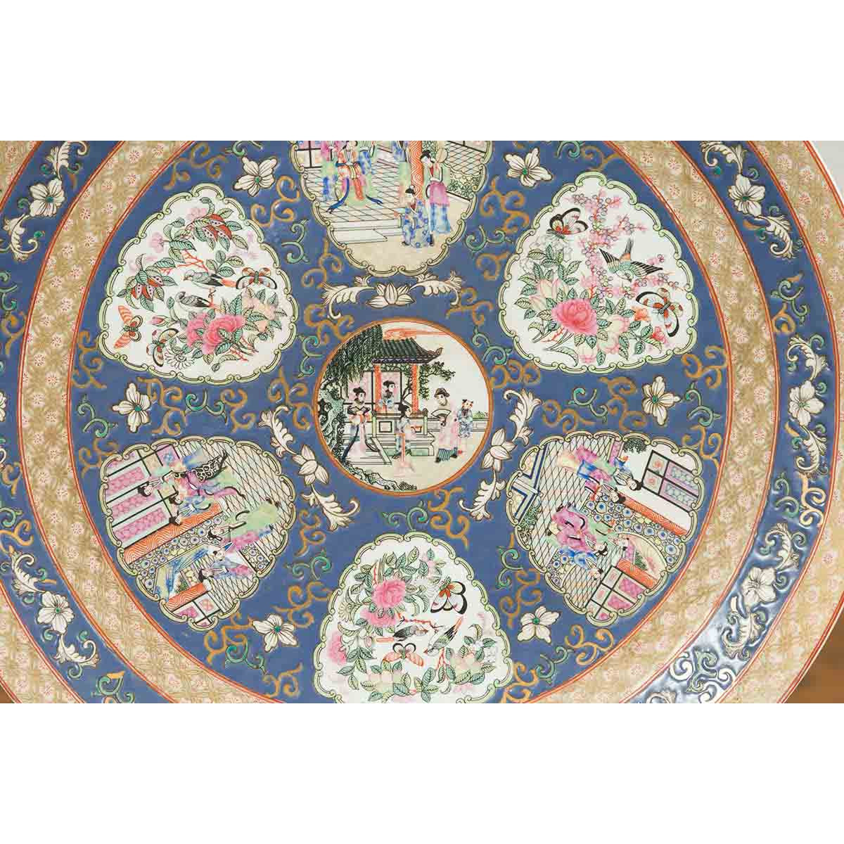 Large Chinese Rose Medallion Hand Painted Porcelain Platter with Court Scenes-5. Asian &amp; Chinese Furniture, Art, Antiques, Vintage Home Décor for sale at FEA Home