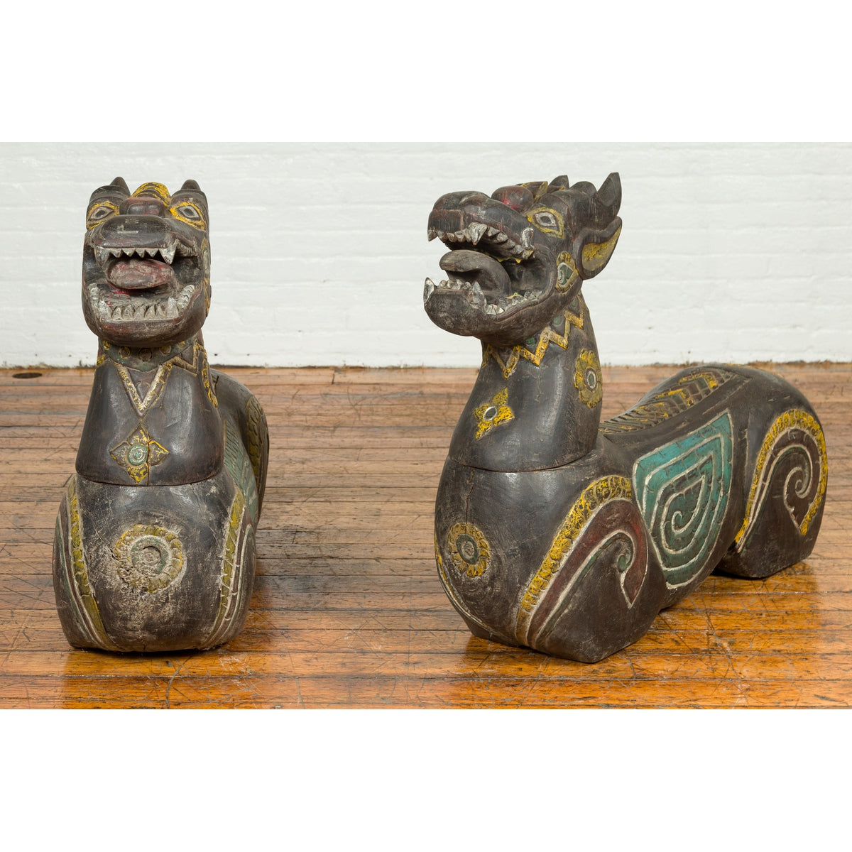 Pair of Antique Northern Thai Carved and Polychrome Mythical Guardian Animals-2. Asian & Chinese Furniture, Art, Antiques, Vintage Home Décor for sale at FEA Home