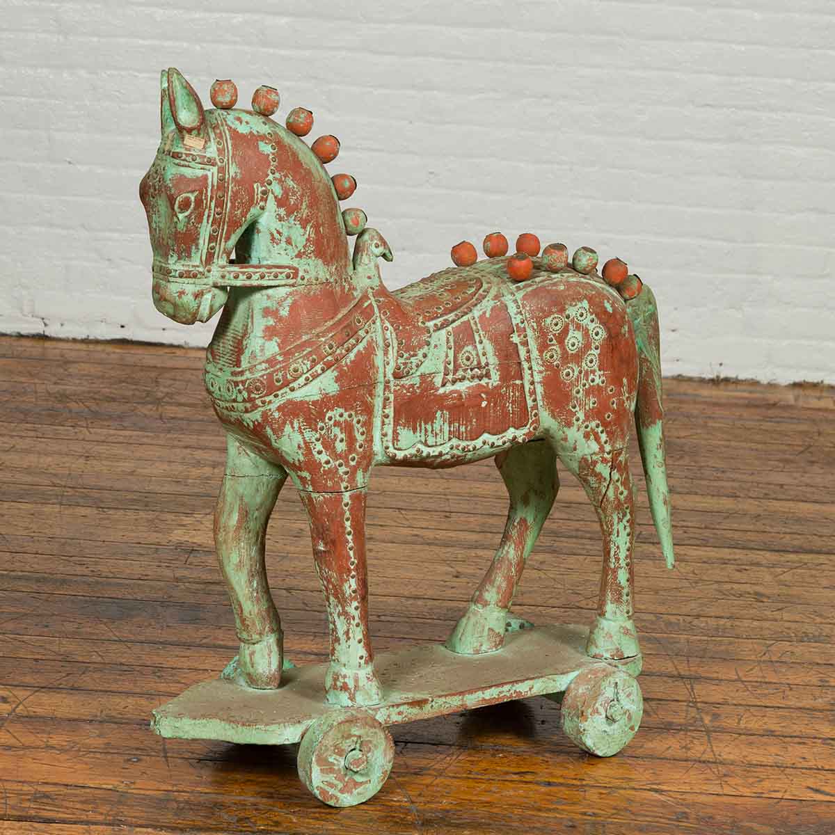 Handmade Vintage Indian Temple Horse Toy on Wheels from Madras with Spheres-2. Asian & Chinese Furniture, Art, Antiques, Vintage Home Décor for sale at FEA Home