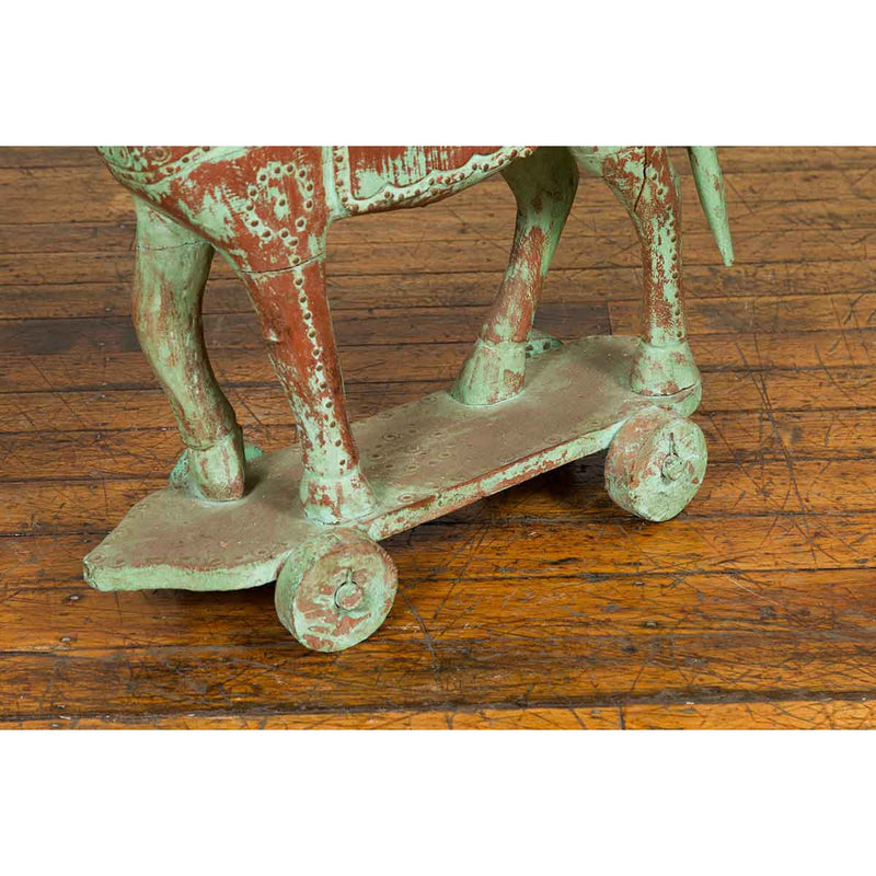 Handmade Vintage Indian Temple Horse Toy on Wheels from Madras with Spheres
