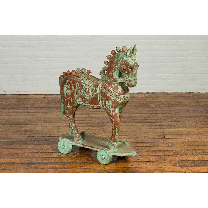 Handmade Vintage Indian Temple Horse Toy on Wheels from Madras with Spheres