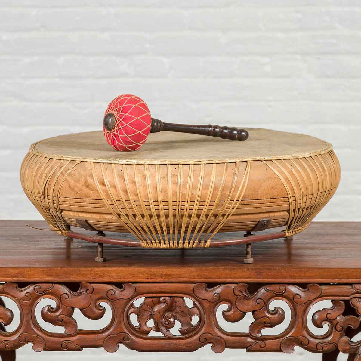 Chinese Qing Dynasty Period 19th Century Leather Drum with Its Wooden Mallet-2. Asian & Chinese Furniture, Art, Antiques, Vintage Home Décor for sale at FEA Home