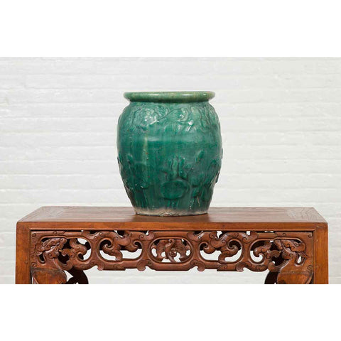 Chinese Vintage Green Glazed Vase with Raised Floral and Bird Motifs-YN6848-4. Asian & Chinese Furniture, Art, Antiques, Vintage Home Décor for sale at FEA Home