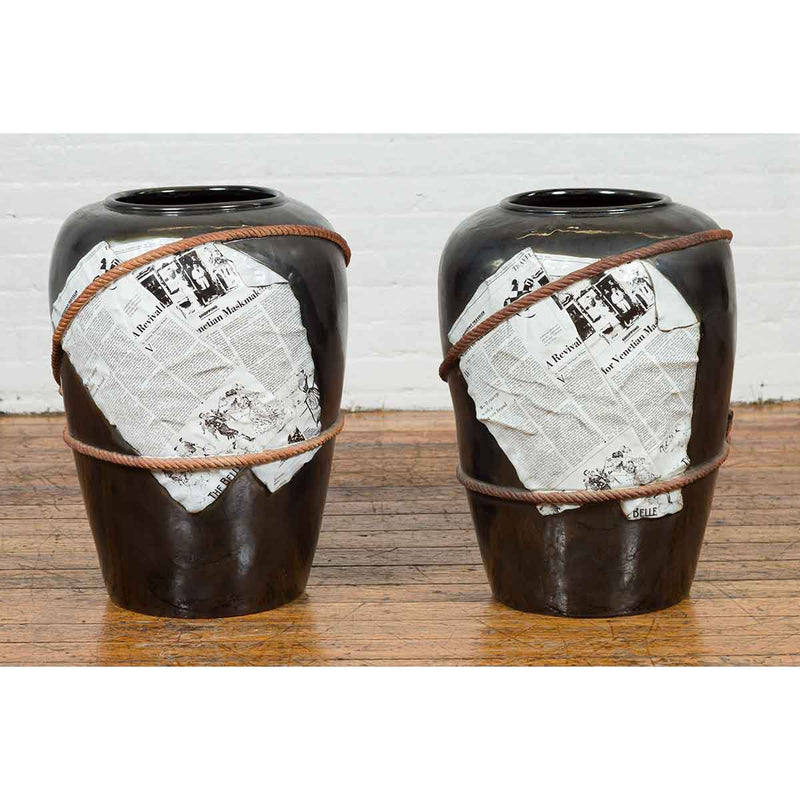 Large Thai Exterior Flower Vase with Black Patina, Rope and Newspaper Motifs-YN6849-2. Asian & Chinese Furniture, Art, Antiques, Vintage Home Décor for sale at FEA Home