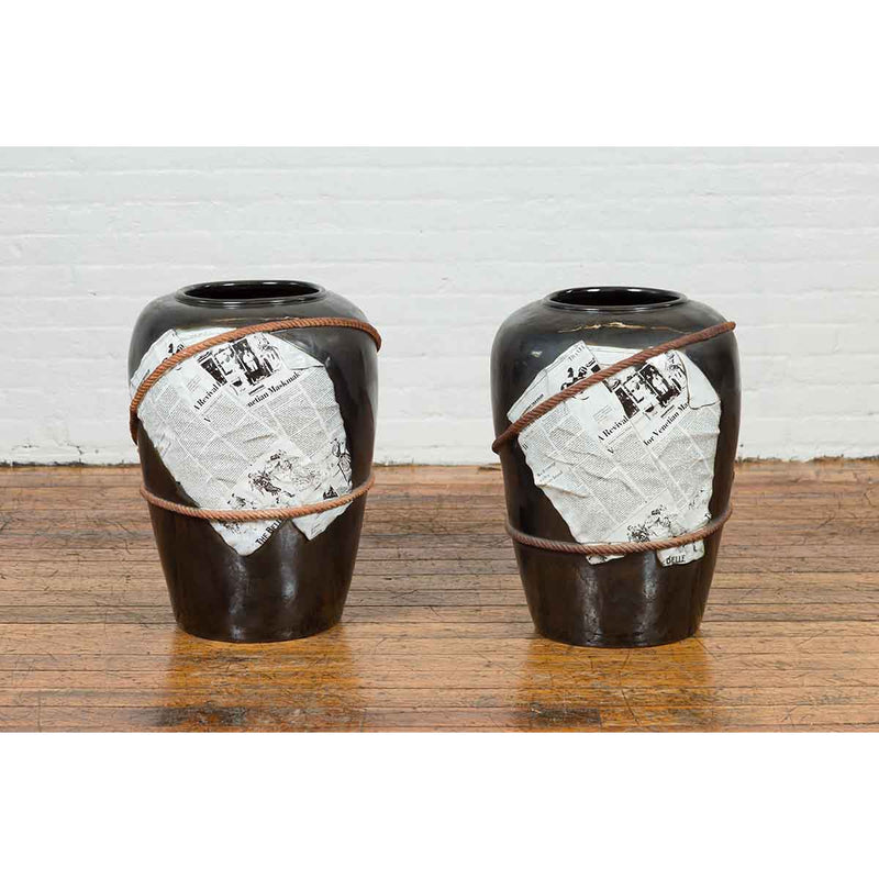 Large Thai Exterior Flower Vase with Black Patina, Rope and Newspaper Motifs-YN6849-3. Asian & Chinese Furniture, Art, Antiques, Vintage Home Décor for sale at FEA Home