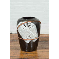 Large Thai Exterior Flower Vase with Black Patina, Rope and Newspaper Motifs