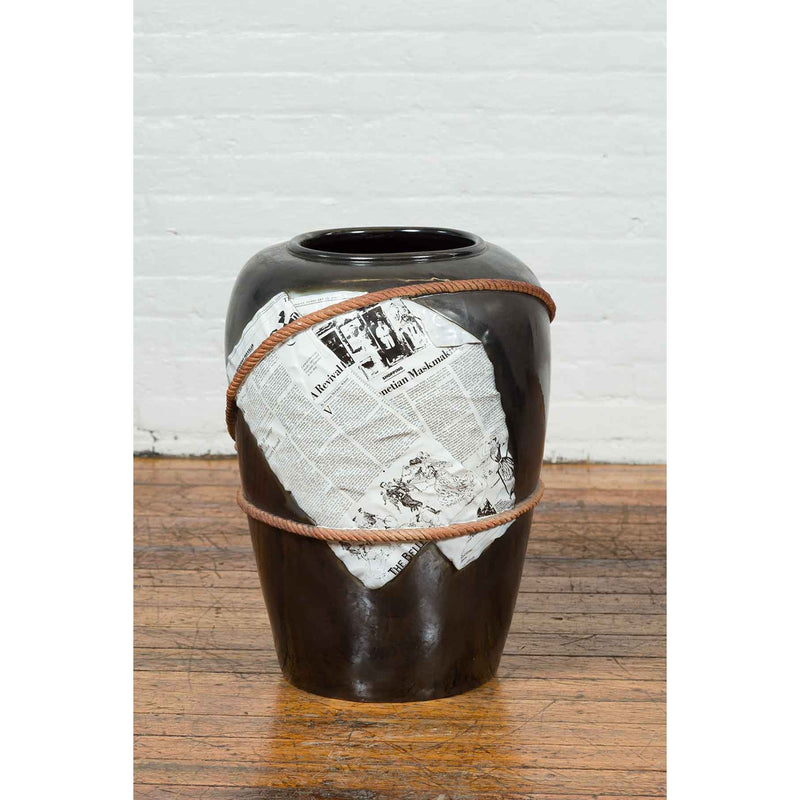 Large Thai Exterior Flower Vase with Black Patina, Rope and Newspaper Motifs-YN6849-4. Asian & Chinese Furniture, Art, Antiques, Vintage Home Décor for sale at FEA Home
