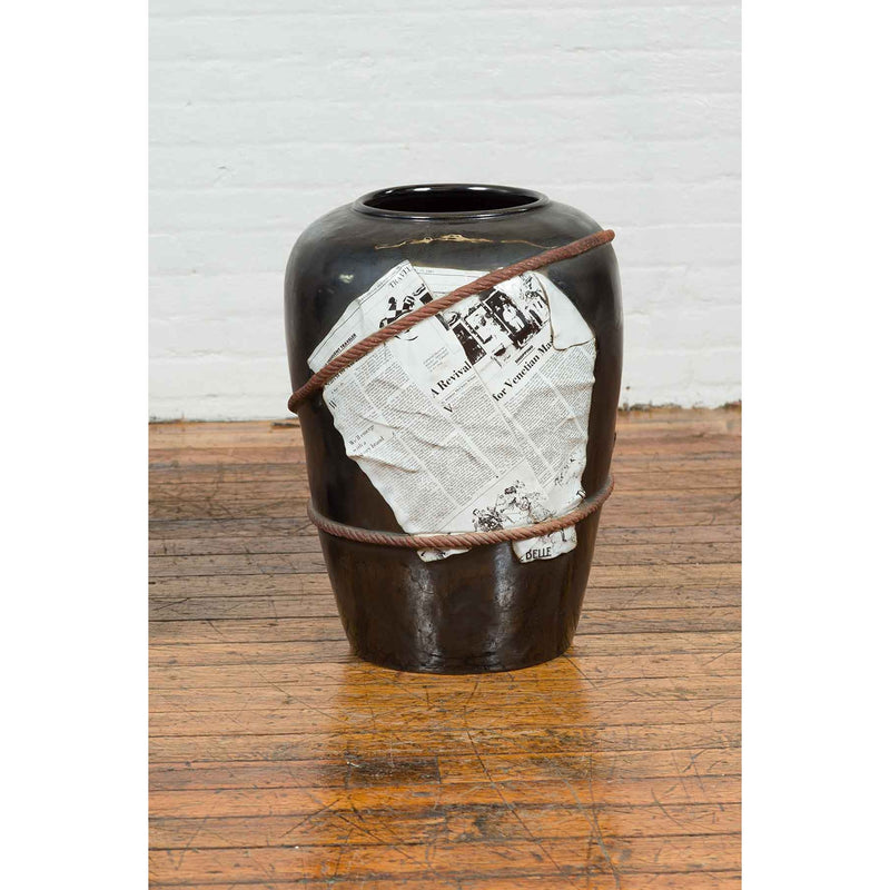 Large Thai Exterior Flower Vase with Black Patina, Rope and Newspaper Motifs-YN6849-5. Asian & Chinese Furniture, Art, Antiques, Vintage Home Décor for sale at FEA Home