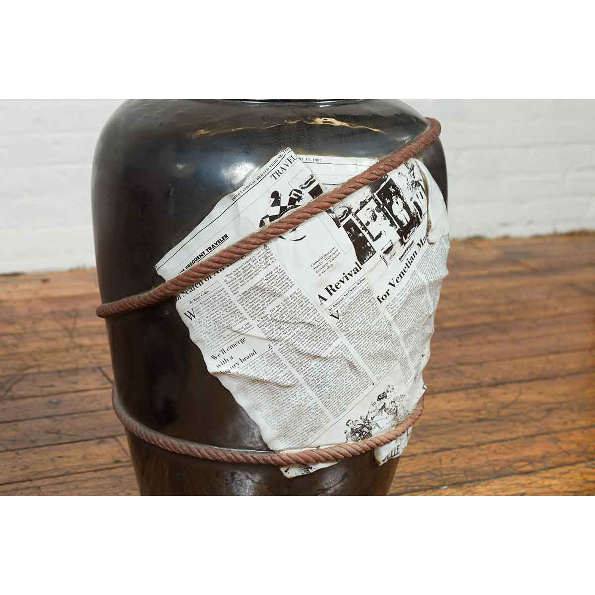 Large Thai Exterior Flower Vase with Black Patina, Rope and Newspaper Motifs-7. Asian &amp; Chinese Furniture, Art, Antiques, Vintage Home Décor for sale at FEA Home