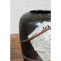 Large Thai Exterior Flower Vase with Black Patina, Rope and Newspaper Motifs