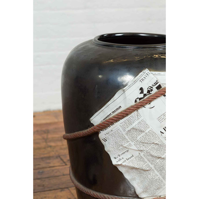 Large Thai Exterior Flower Vase with Black Patina, Rope and Newspaper Motifs-YN6849-8. Asian & Chinese Furniture, Art, Antiques, Vintage Home Décor for sale at FEA Home
